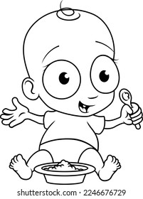 A cute cartoon teething baby happily sitting and eating baby food from his or her bowl and smiling