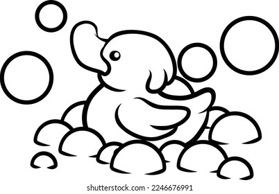 A cute cartoon teething baby happily sitting and eating baby food from his or her bowl and smiling