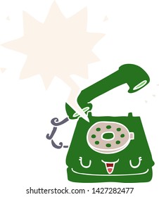 lindo teléfono de dibujos animados con burbuja de voz en estilo retro