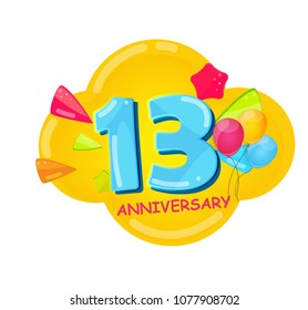 Cute Cartoon  Template Logo 13 Years Anniversary Vector Illustration EPS10