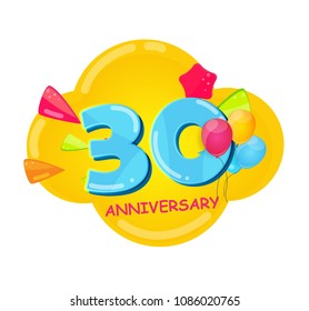 Cute Cartoon  Template Logo 30 Years Anniversary Vector Illustration EPS10