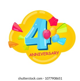 Cute Cartoon  Template Logo 4 Years Anniversary Vector Illustration EPS10
