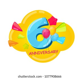 Cute Cartoon  Template Logo 6 Years Anniversary Vector Illustration EPS10