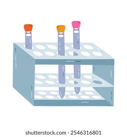 Cute cartoon test tube stand with glassware with cork for chemical and medical experiment. Glass tube in stand for research lab, biology analysis. Hand drawn science tool isolated on white.