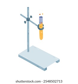 Cute cartoon test tube stand with glassware with yellow liquid for chemistry experiment. Glass tube in stand for research lab, biology, medical laboratory. Hand drawn science tool isolated on white.