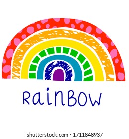 Dibujo humorístico texturado en arco iris de estilo plano. Tarjeta infantil con arcos coloridos aislados en fondo blanco. Ilustración vectorial.   