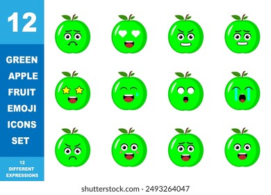 Cute cartoon tgreen apple. Cartoon fruit character set. Funny emoticon in flat style