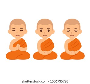 Cute cartoon Thai boys as Buddhist monks sitting in meditation. Child novice apprentice in Southeast Asia Theravada buddhism. Vector illustration set.