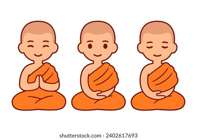 Cute cartoon Thai boys as Buddhist monks sitting in meditation. Child novice apprentice in Southeast Asia Theravada buddhism. Vector illustration set.