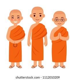 Cute cartoon Thai Buddhist monks in orange robes. Simple vector character clip art illustration set.