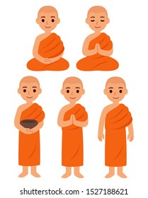 Cute cartoon Thai Buddhist monks in orange robes. Standing with alms bowl, sitting, meditating, praying. Simple vector character clip art illustration set.