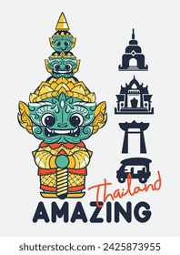 Cute cartoon thai giant standing straight with amazing thailand slogan isolated on white background illustration vector, Print for children wear. 