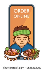 Cute cartoon Thai man serving Pad Thai and Tom Yum Soup coming out of smart phone, Vector Illustration