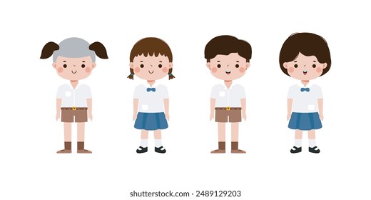 cute cartoon thai students character, back to school, vector Illustration flat style on white background