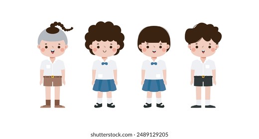 cute cartoon thai students character, back to school, vector Illustration flat style on white background