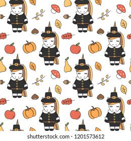 cute cartoon thanksgiving seamless vector pattern background illustration with pilgrim unicorns, pumpkins, apples, pears, leaves, acorns, chestnuts and mushrooms