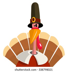 Cute cartoon Thanksgiving turkey in pilgrim hat. A vector illustration isolated on white background