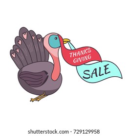 Cute cartoon thanksgiving turkey sale character. Funny colorful bird with sale flag in beak for Happy Thanksgiving offers, sales, advertisement