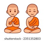 Cute cartoon Theravada Buddhist monk sitting in meditation. Funny vector character clip art illustration.