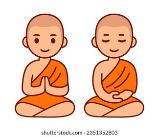 Cute cartoon Theravada Buddhist monk sitting in meditation. Funny vector character clip art illustration.