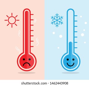 感情の違うかわいい漫画の温度計 背景に熱と寒さのアイコン ベクターイラストフラットデザイン のベクター画像素材 ロイヤリティフリー Shutterstock