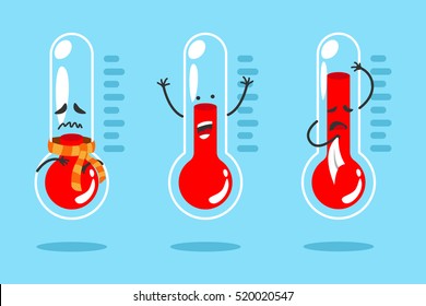 Cute cartoon thermometer with different emotions. Vector illustration set.