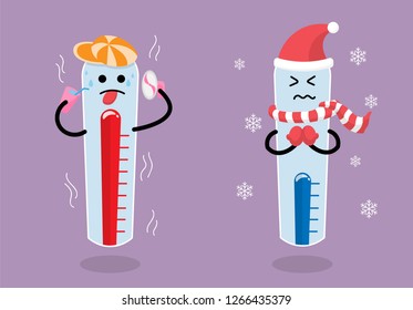 Cute cartoon thermometer hot and cold faces. Vector illustration in flat design.