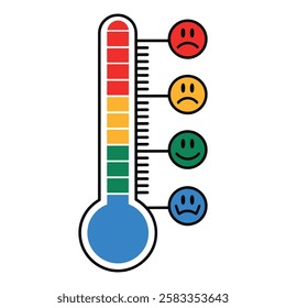 Cute Cartoon Thermometer Icons. Flat vector illustration of thermometers with different emotions, representing hot and cold temperatures. Perfect for weather, health, and climate designs.