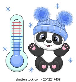 Termómetro de dibujos animados y panda en un sombrero azul de invierno. Ilustración vectorial de invierno sobre fondo blanco con copos de nieve.