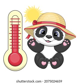 Cute cartoon thermometer and panda wearing a summer hat. Vector illustration on a white background with the sun.