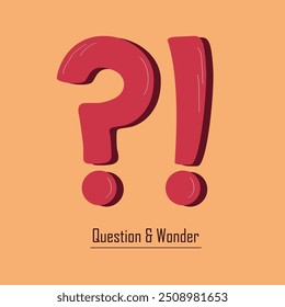 Cute cartoon thick style red question mark and exclamation mark sign with shadow on trendy orange background poster