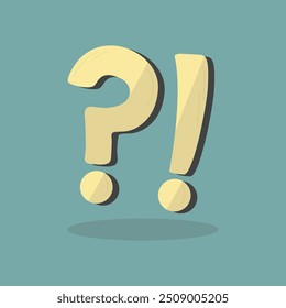 Cute cartoon thick style yellow question mark and exclamation mark signs with drop shadow on trendy teal background poster