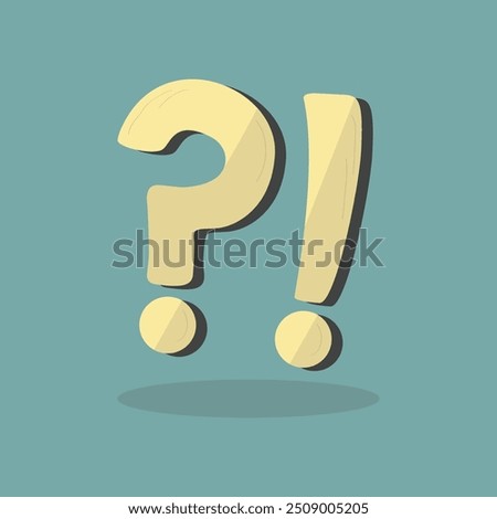 Cute cartoon thick style yellow question mark and exclamation mark signs with drop shadow on trendy teal background poster