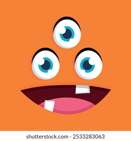 Cute cartoon three eyed monster face background. Funny monster face in childish style on orange background. Vector illustration