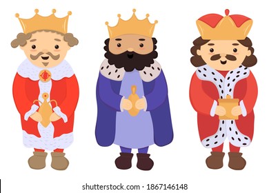 cute cartoon Three Kings prince character with the beard and crown holding golden gifts. Vector illustration clip art isolated on white. Clip for Epiphany, Three Kings day, Dia de las magos