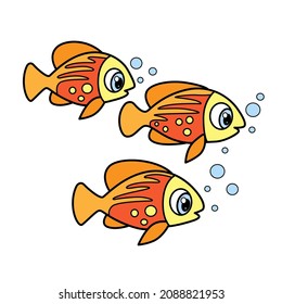 Cute cartoon three motley sea fishes outlined for coloring page isolated on white background