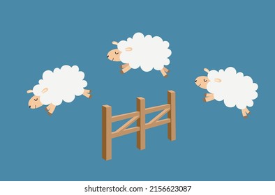 Cute Cartoon Three Sheep Jumping Over Fence. Counting Sheep To Fall Asleep. Good Night Sleep Poster. Vector Illustration.