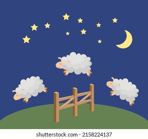 Cute cartoon three sheep jumping over fence at night. Counting sheep to fall asleep. Good night sleep metaphor poster. Vector illustration.