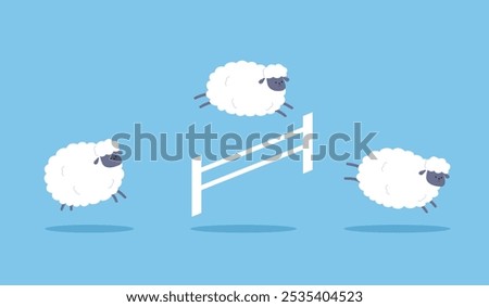 Cute cartoon three sheep jumping over fence. Counting sheep to fall asleep. Good night sleep in flat design.