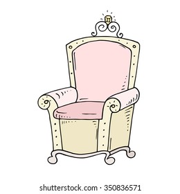 Cute cartoon throne for queen or princess with jewel. Doodle pink armchair for fairy tale kingdom. Hand drawn kid vector illustration isolated on white background.