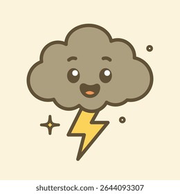 Cute cartoon thundercloud with happy face and lightning bolt. Fun and playful weather icon in flat vector style, perfect for kids or weather themed designs.