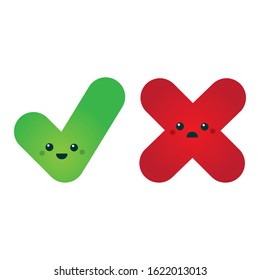 Cute cartoon tick and cross. Vector illustration