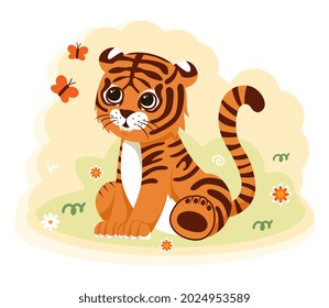 Cute Cartoon Tiger. Animal sits in meadow on nice summer day and rests. Picture for girls and boys. Tiger cub watches butterflies. Cartoon flat vector illustration isolated on white background