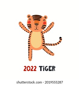 Cute cartoon tiger, Asian zodiac sign, astrological symbol, isolated on white. Hand drawn vector illustration. Flat style design. 2022 Chinese New Year card, banner, poster, horoscope element.