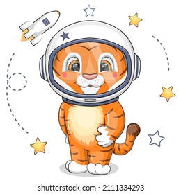 Cute cartoon tiger astronaut with stars and spaceship. Space vector illustration on white background.