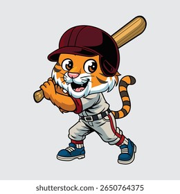 Cute cartoon tiger in baseball outfit holding a bat in character illustration