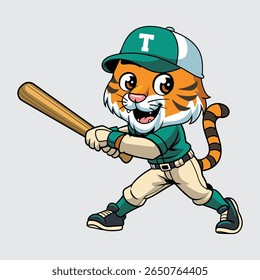 Cute cartoon tiger in a baseball uniform holding a bat character illustration