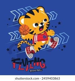 Jugador de baloncesto tigre tigre lindo salta hasta slam dunk aislado en fondo azul ilustración Vector.