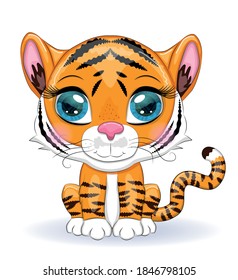 Cute cartoon tiger with beautiful eyes, bright, orange for greeting cards.