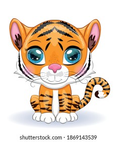 Cute cartoon tiger with beautiful eyes, bright, orange for greeting cards.
